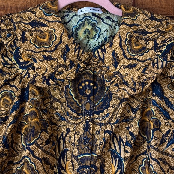 Ulla Johnson Gold and Navy Floral Jacquard Button Up Blouse (Sz 2) - Picture 2 of 7